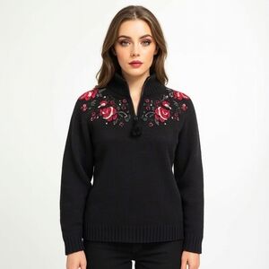 Vintage Jillian Jones Lambswool 1/4 Zip Turtleneck Floral Embroidery